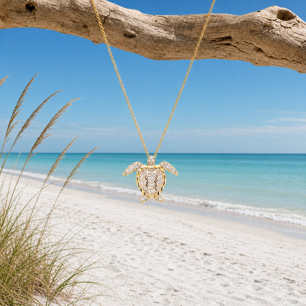 Sea turtle necklace helps save baby sea turtles 14k gold vermeil sea turtle necklace with cubic zirconia on driftwood at a Florida beach