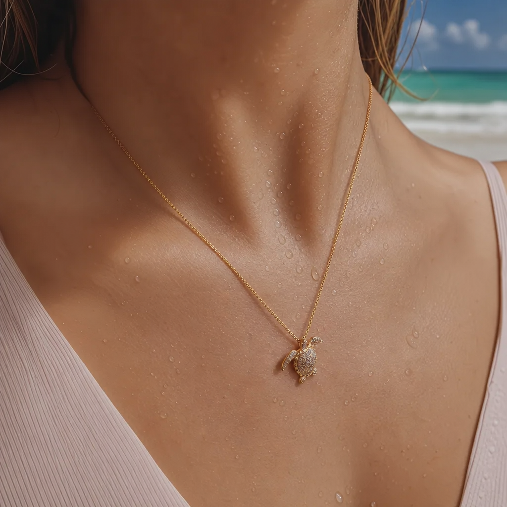 14K Gold Vermeil Sea Turtle Necklace with Cubic Zirconia worn by model at the beach
