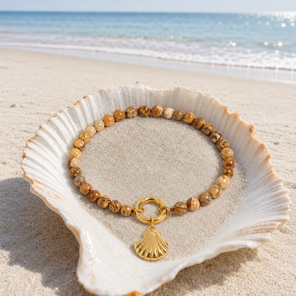 8K gold PVD picture jasper bead bracelet with clam shell charm on white background &mdash; Crabby Mermaid