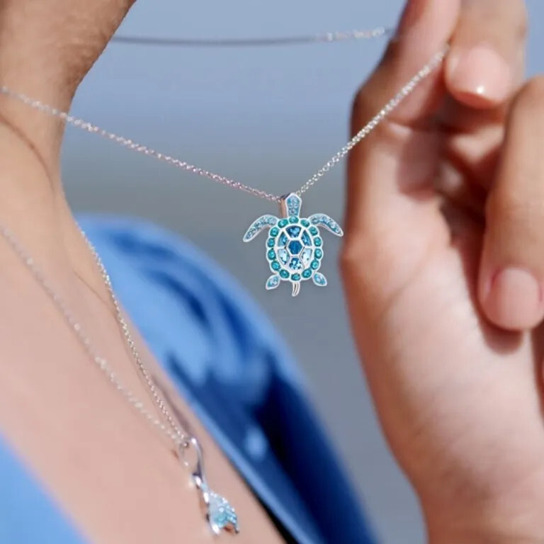 Aquamarine sea turtle pendant necklace ocean inspired jewelry from Crabby Mermaid