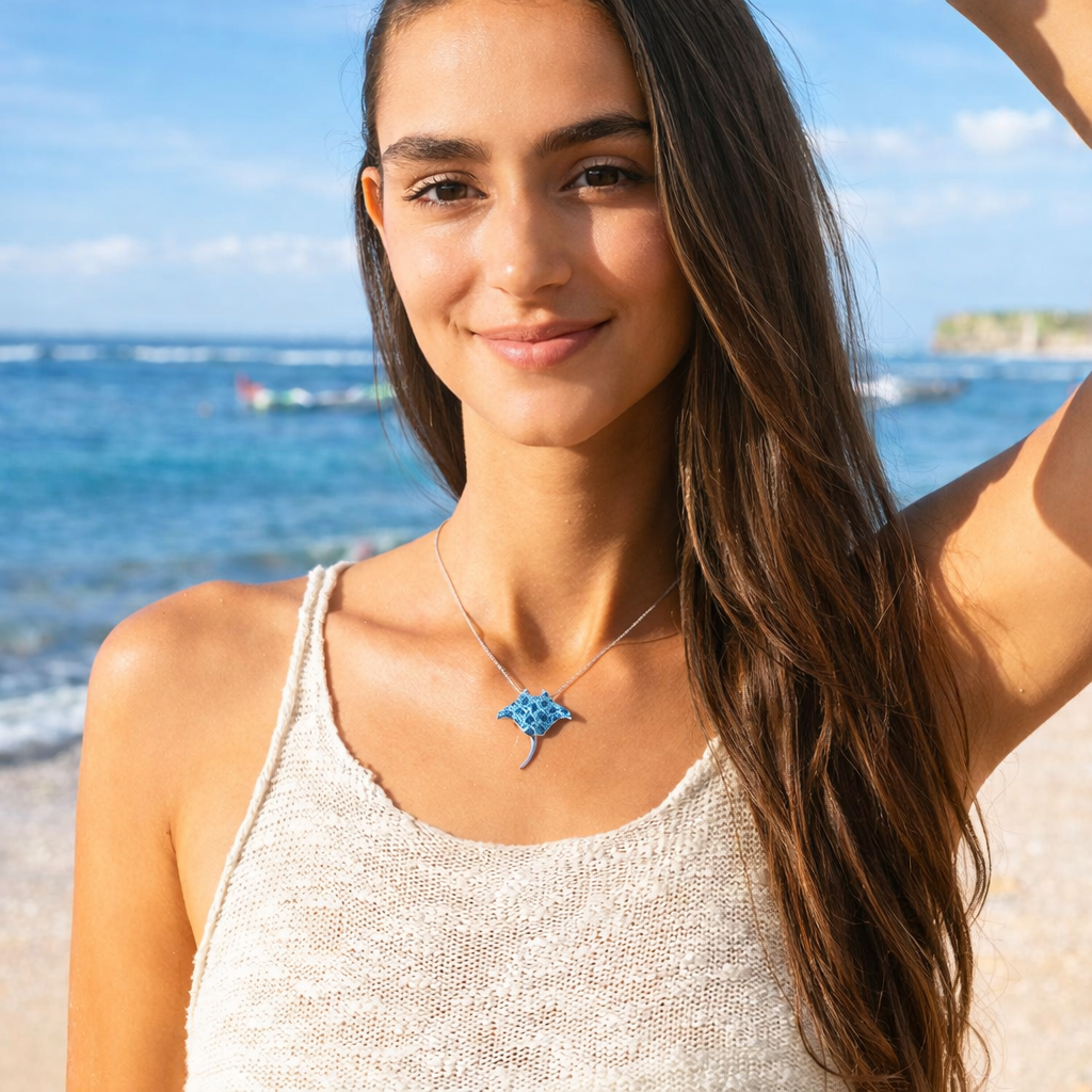 Blue manta ray necklace ocean inspired jewelry sea life pendant from Crabby Mermaid