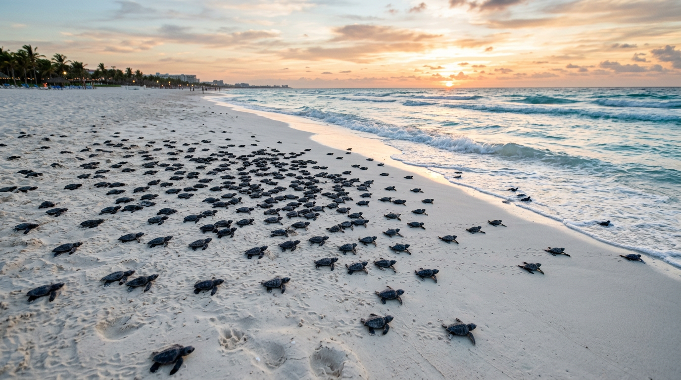 Sea turtle hatchlings Cancun beach Hundreds of baby sea turtle hatchlings crawling toward the ocean on a Cancun Mexico beach at sunset