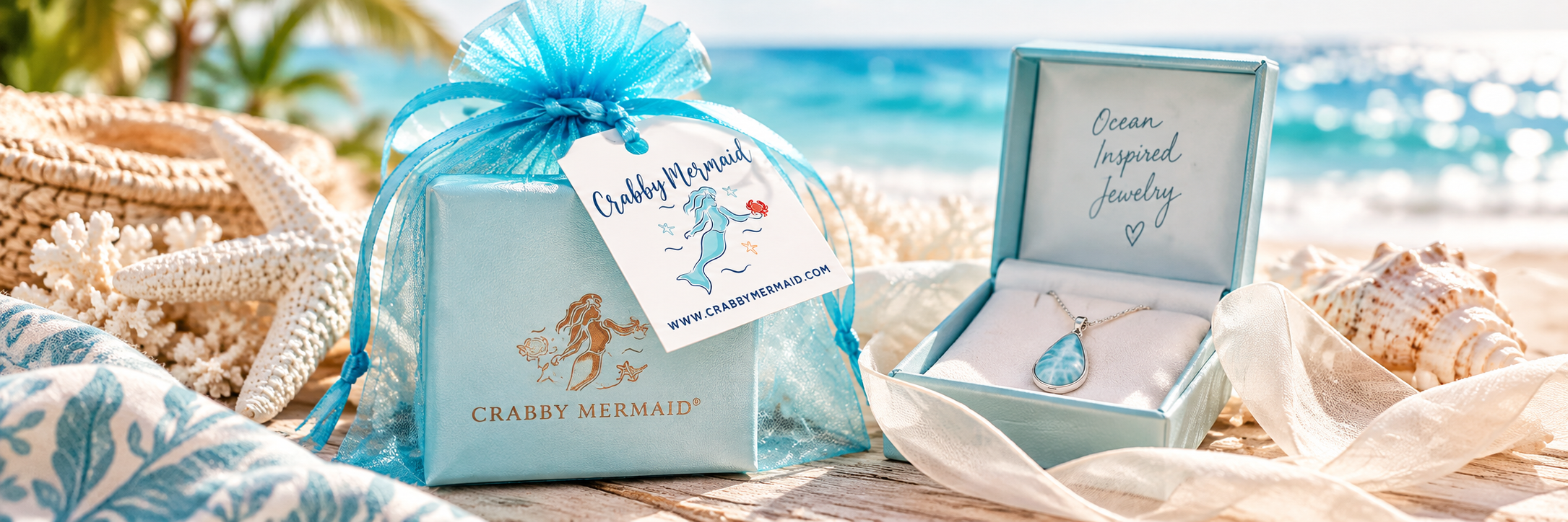 Crabby Mermaid coastal gift wrapping and jewelry