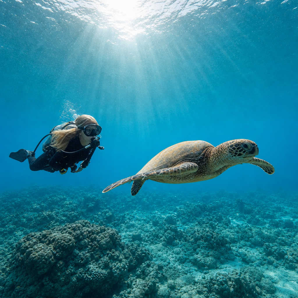 Scuba diving alongside a sea turtle