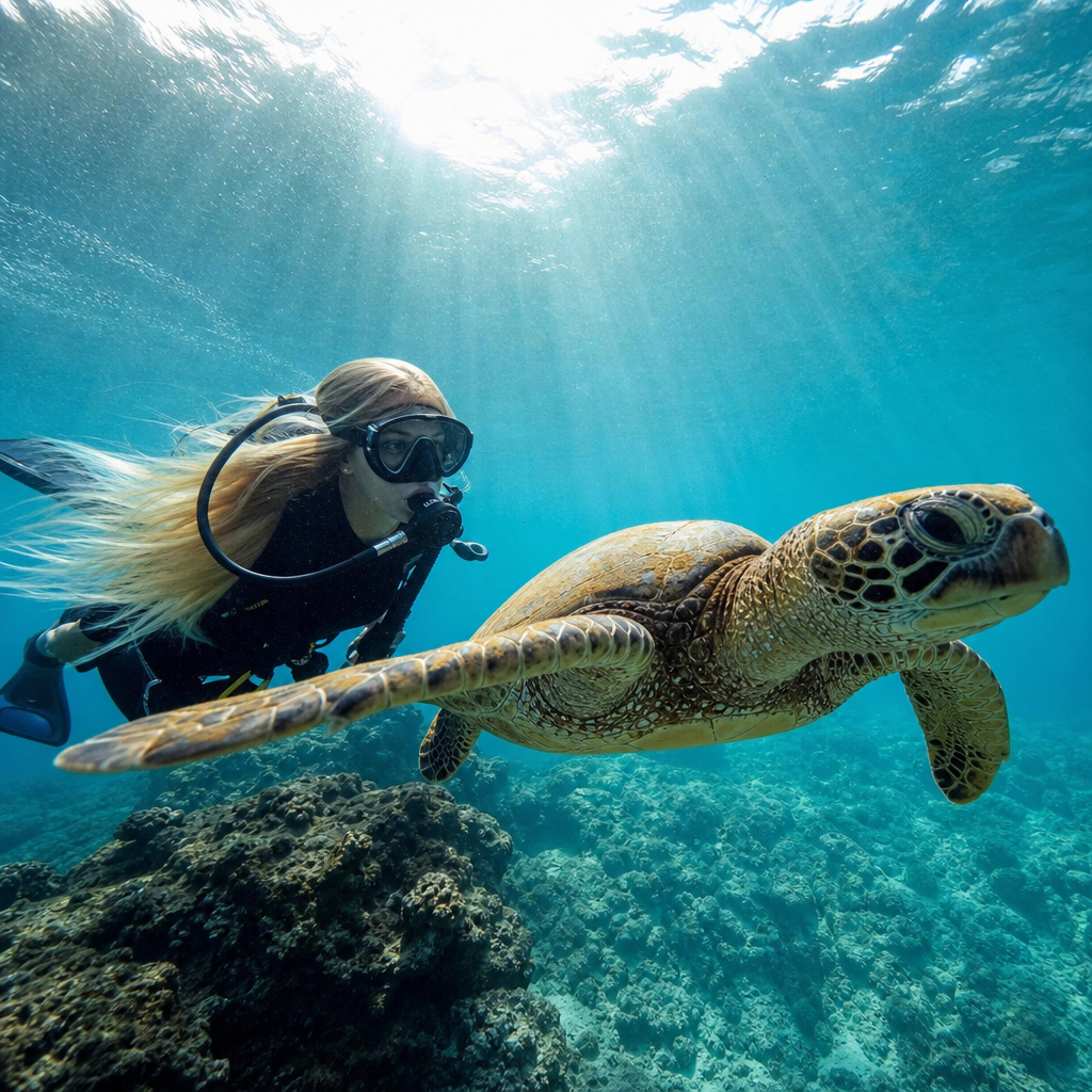 Scuba diving with sea turtles in Hawaii Female scuba diver with long blonde hair swimming alongside a sea turtle in Hawaii