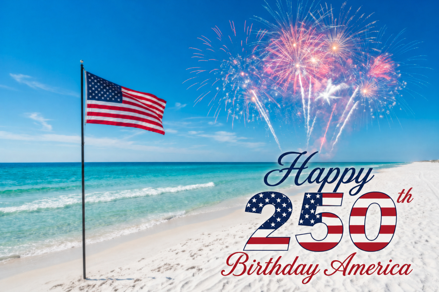 Happy 250th Birthday America &mdash; American flag on Florida Gulf Coast beach with fireworks &mdash; Crabby Mermaid