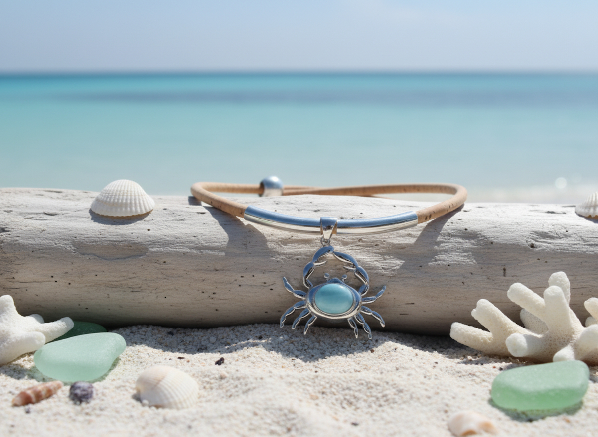 Larimar crab pendant necklace on eco-friendly cork cord displayed on driftwood at the beach