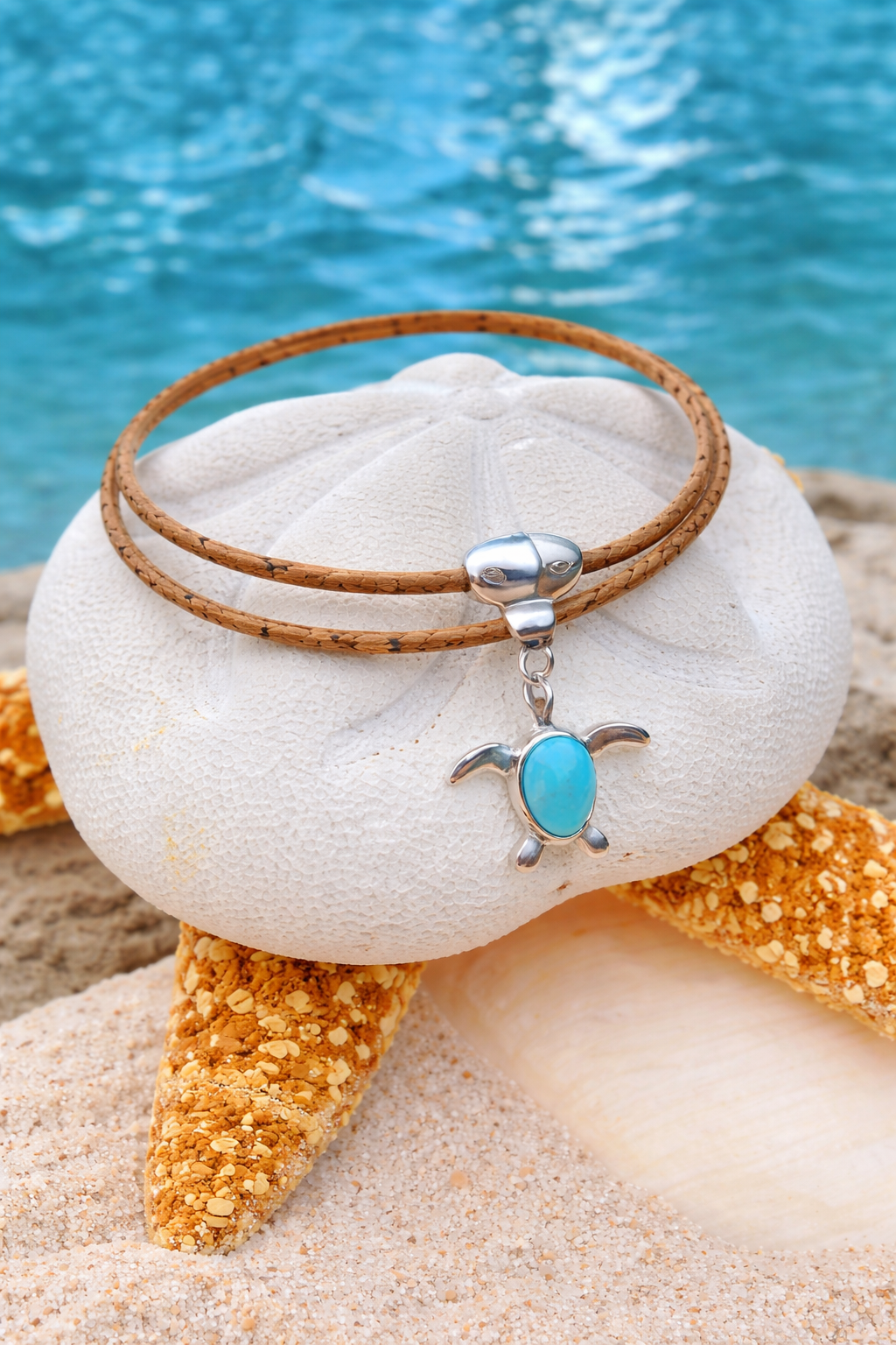 Larimar sea turtle necklace on cork cord ocean inspired jewelry from Crabby Mermaid