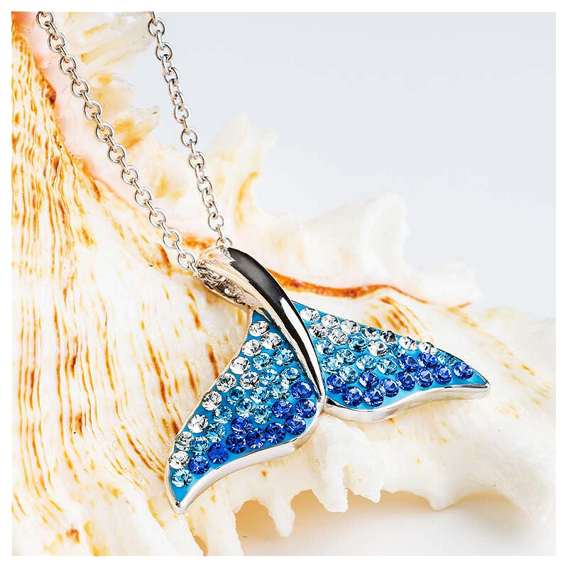 Sterling silver whale tail necklace with ombre blue crystals ocean inspired jewelry from Crabby Mermaid