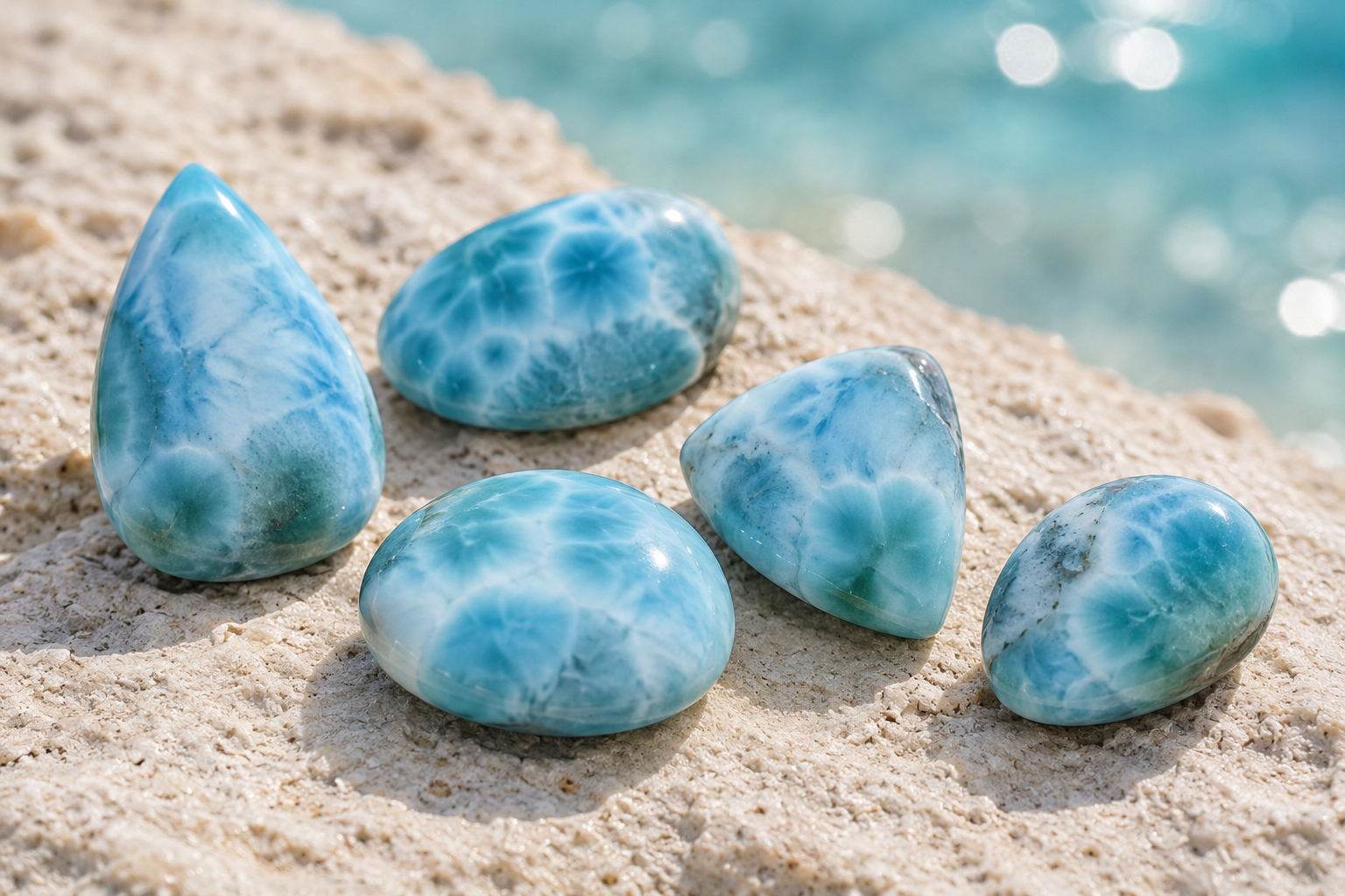 Polished Larimar gemstones showing natural blue and white patterns