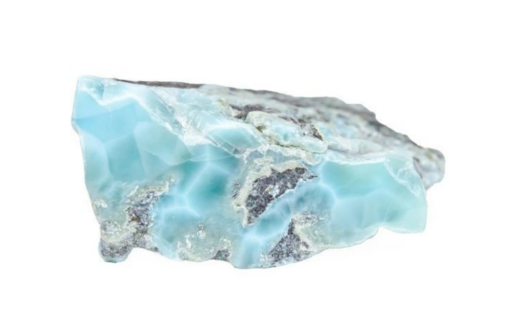 Raw Larimar gemstone showing natural blue pectolite in its unpolished form