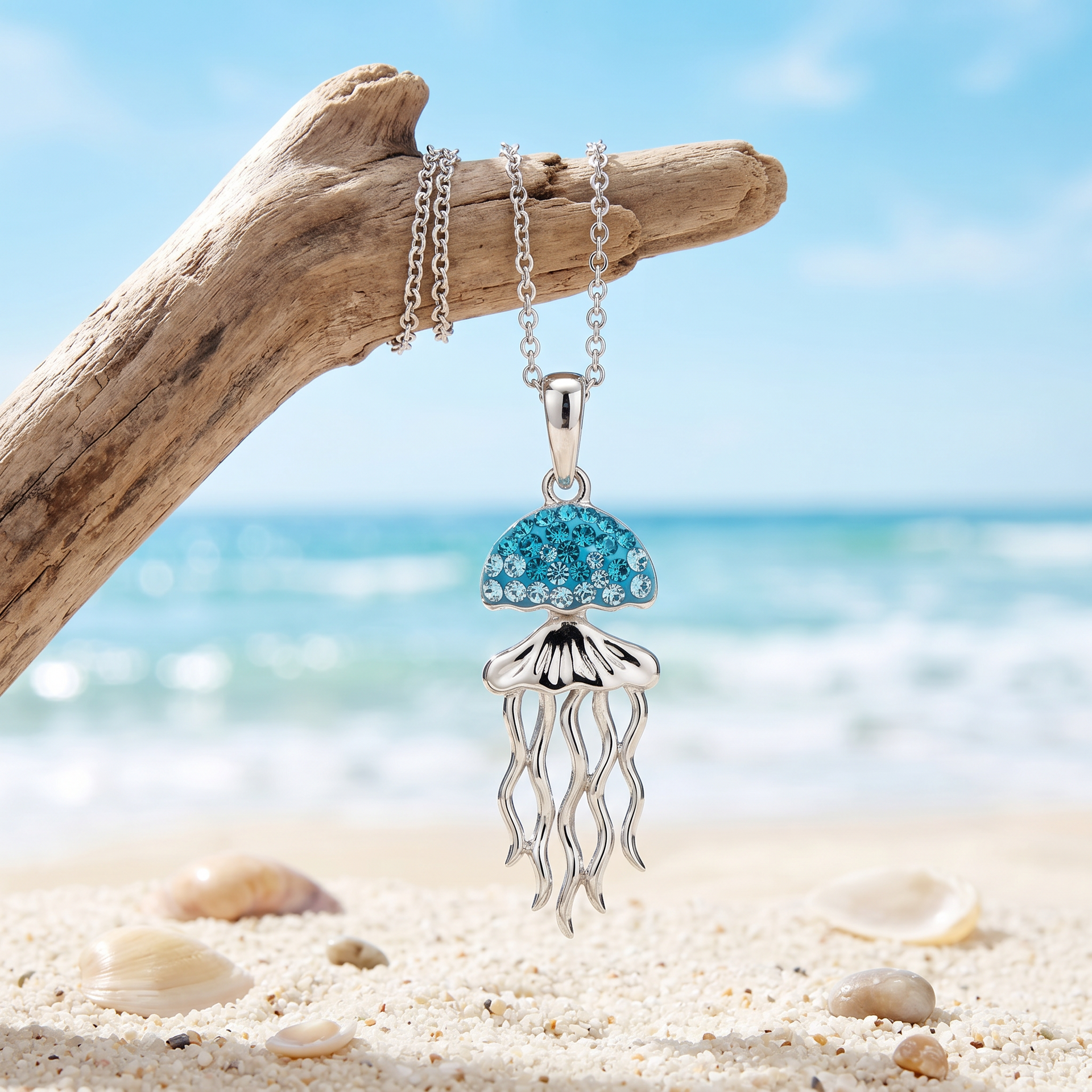 Sterling silver aqua crystal jellyfish necklace from Crabby Mermaid