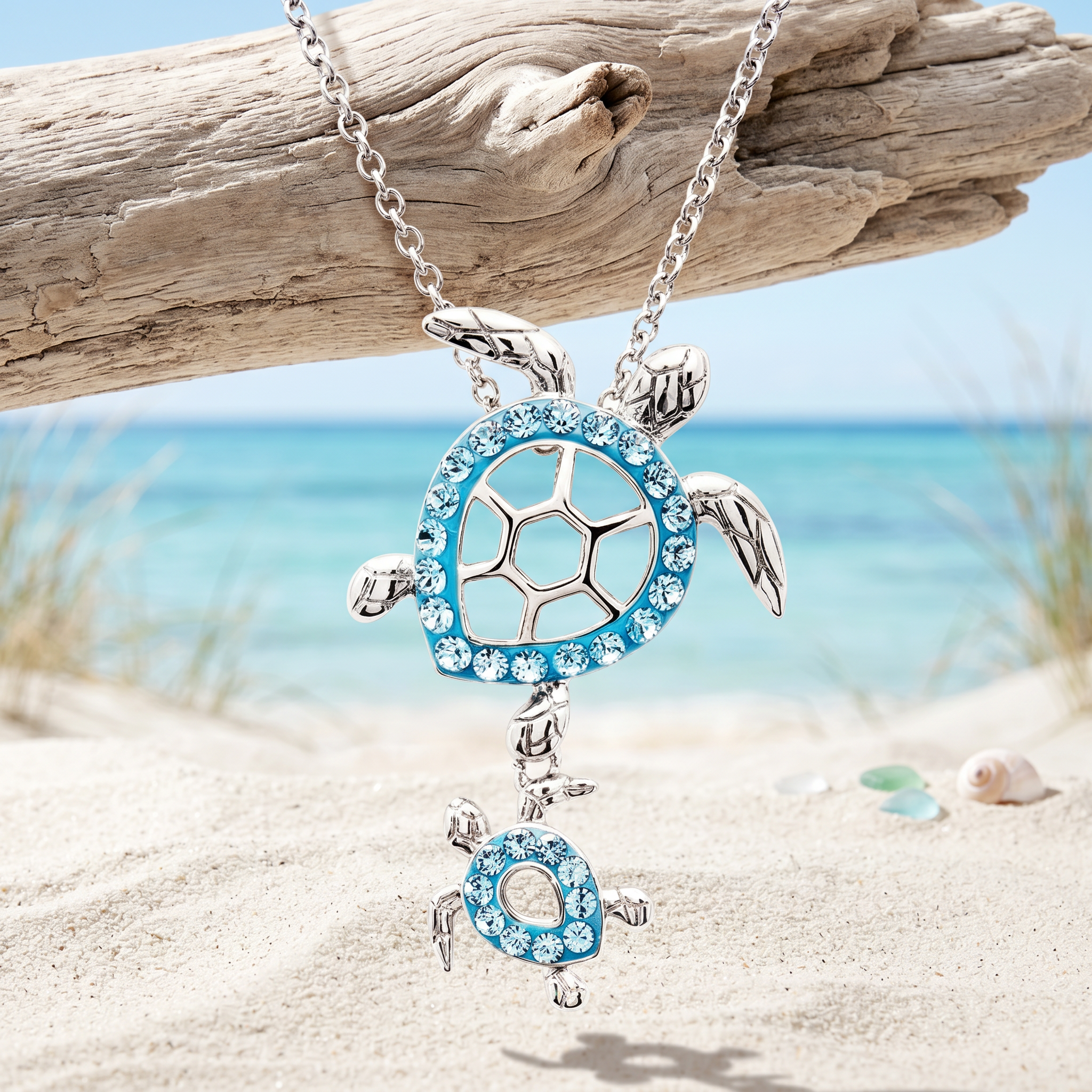 Aqua crystal mother and baby sea turtle necklace from the Ocean Jewelry collection