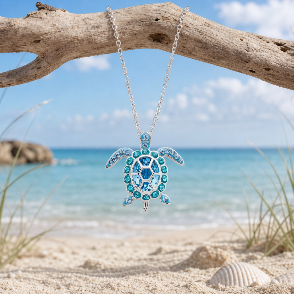 Sterling silver aquamarine crystal sea turtle necklace Sterling silver aquamarine crystal sea turtle necklace with crystal halo hanging from driftwood on a Florida Gulf Coast beach