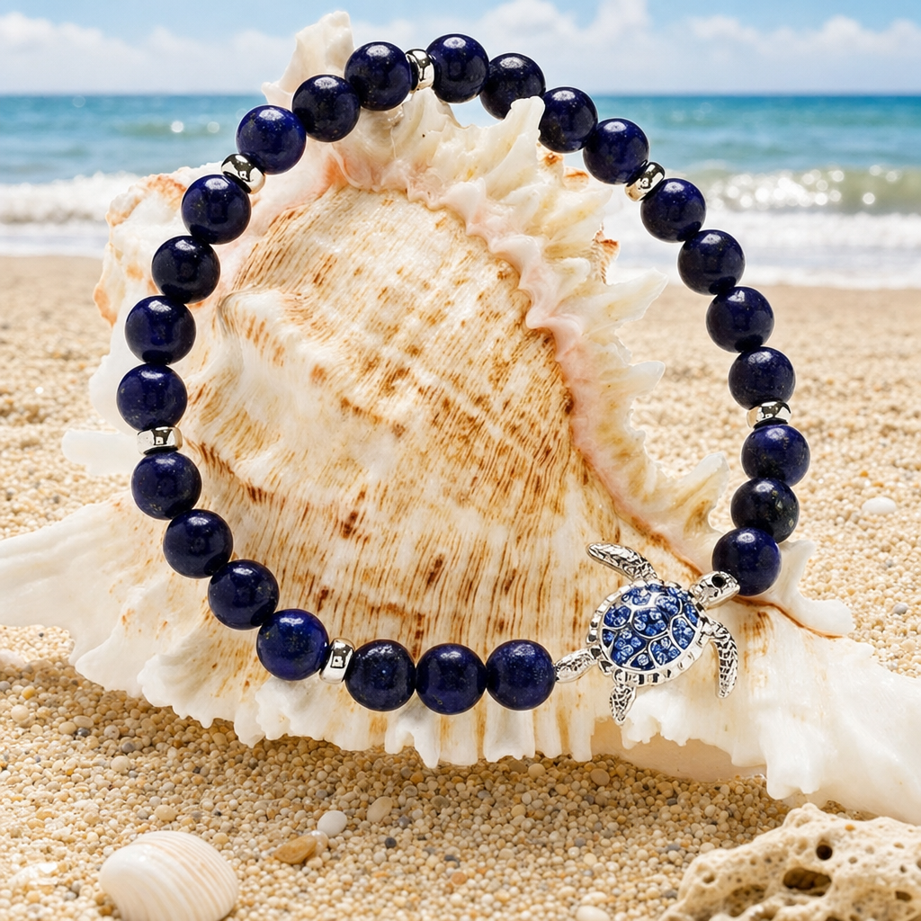 Sterling silver lapis lazuli sea turtle stretch bracelet with crystal accents &mdash; Crabby Mermaid