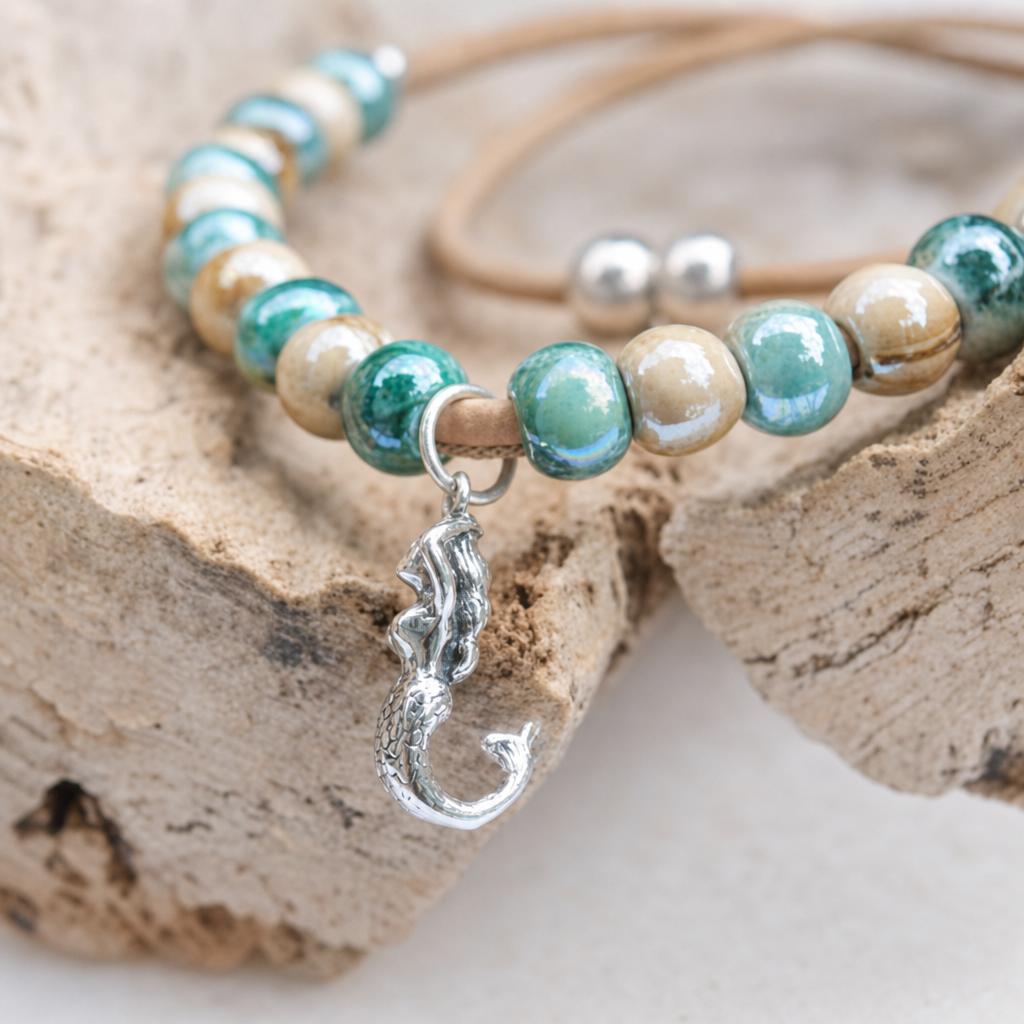 Sterling silver mermaid pendant on cork necklace with teal and cream ceramic beads — Crabby Mermaid
