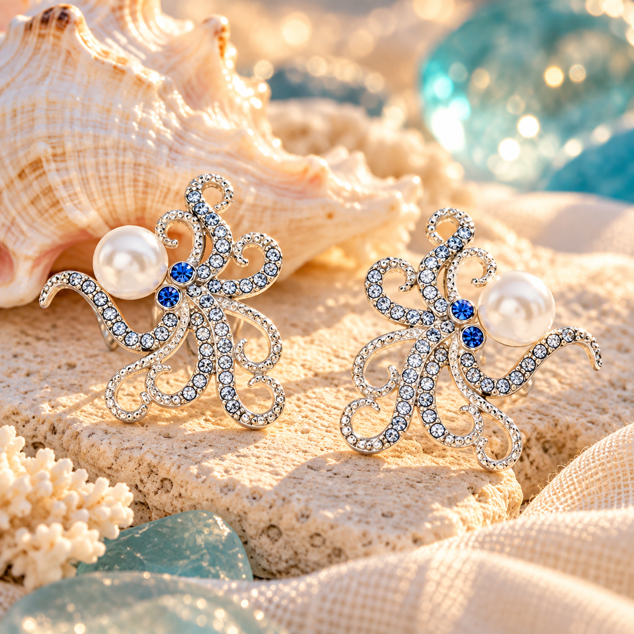 Sterling silver octopus earrings with blue crystals and pearl accents in an elegant coastal fall setting &mdash; Crabby Mermaid
