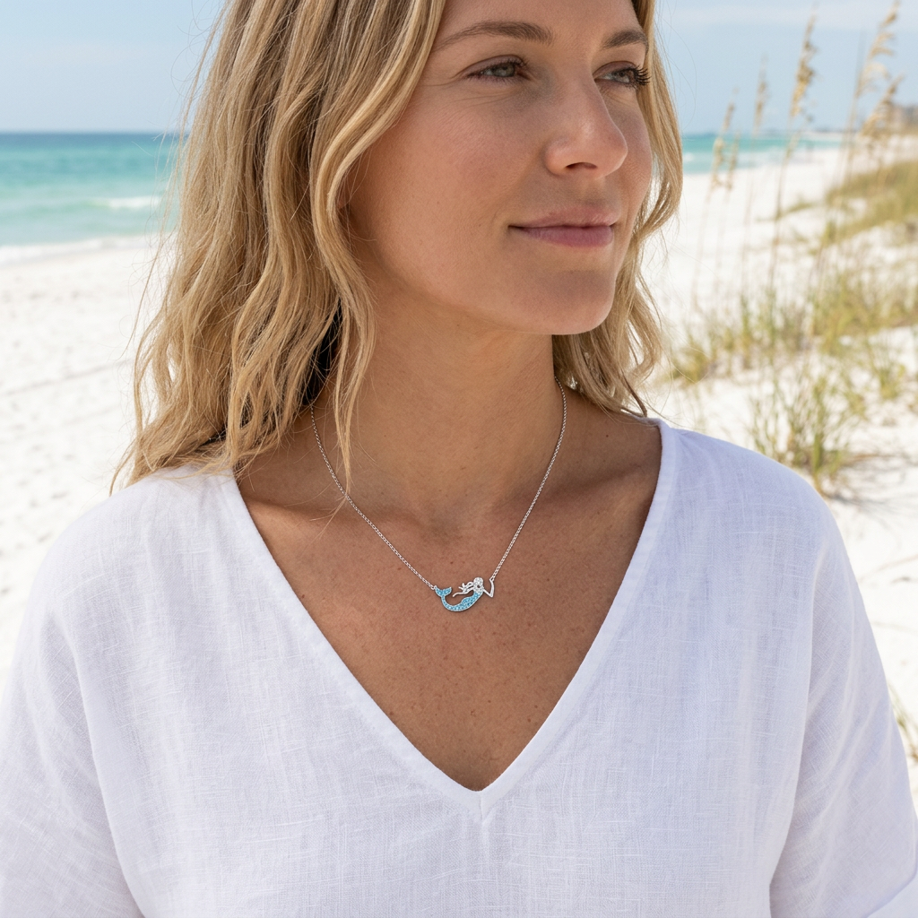 Woman wearing sterling silver Swarovski mermaid necklace on a Florida beach — Crabby Mermaid