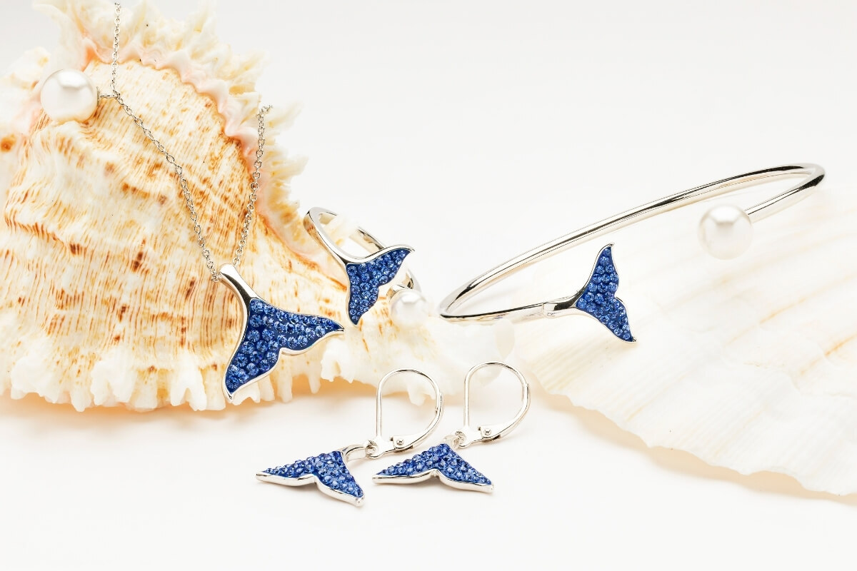 Sterling silver whale tail jewelry collection &mdash; necklace earrings and bangle with sapphire crystals and freshwater pearl &mdash; Crabby Mermaid Ocean Jewelry